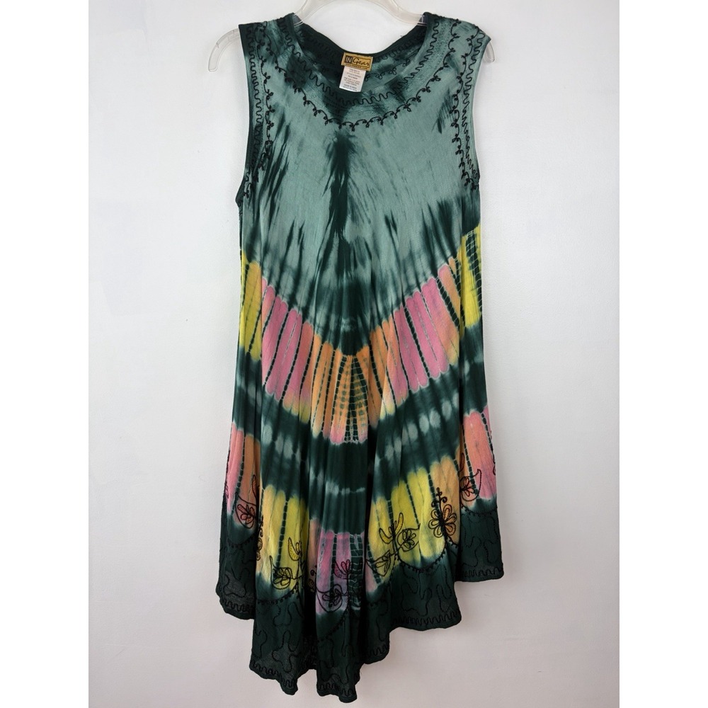 In Gear Resort One Size Fits Most Embroidered Rainbow Green Tie Dye Dress Ingear